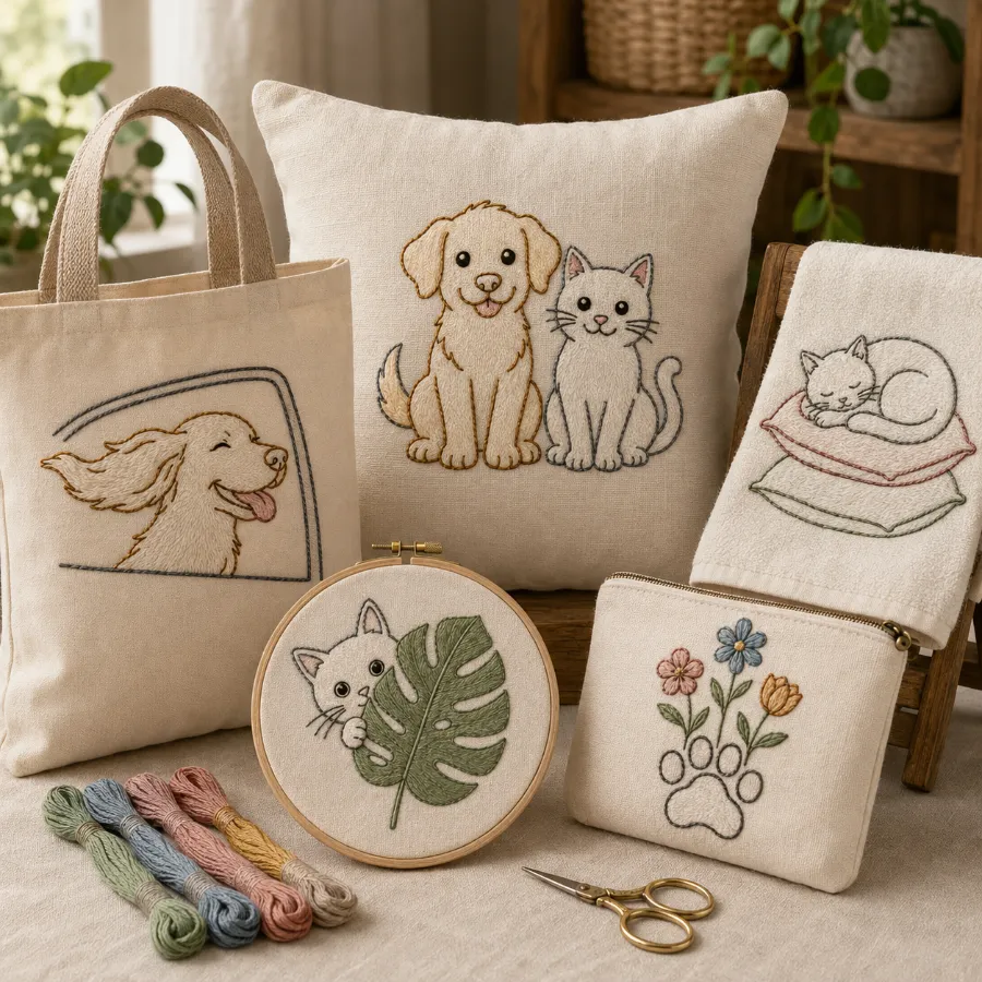 Bolsa, almofada, toalha, bastidor e necessaire bordados com cães e gatos