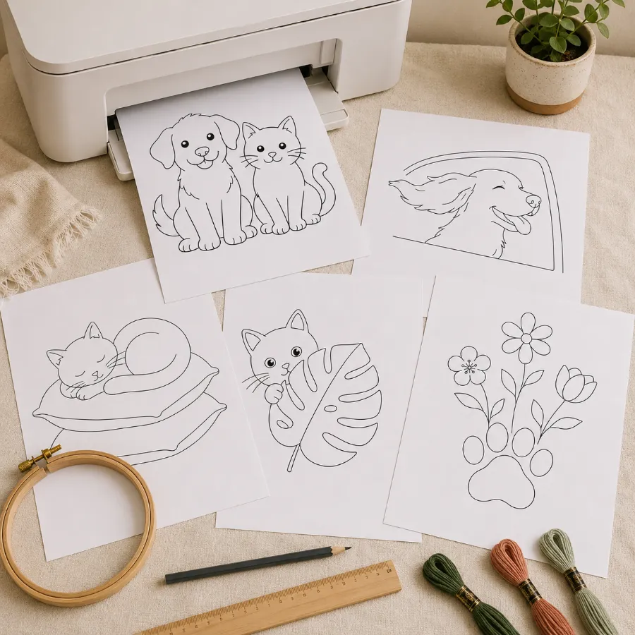 Páginas com os riscos de pets em preto e branco, prontas para imprimir